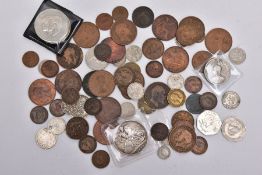 A SMALL BOX OF COINS to include an 1896 LX crown and a small amount of silver coins, etc