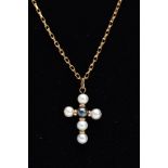 A 9CT GOLD CULTURED PEARL PENDANT NECKLET, the cross pendant made of a central black pearl and white