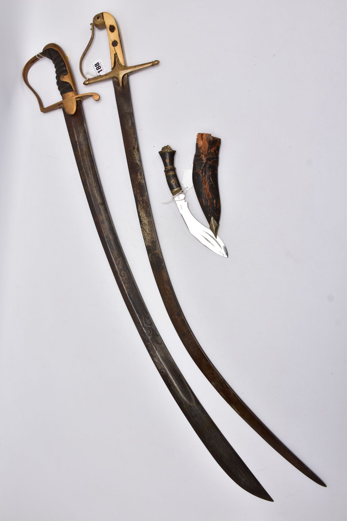 TWO LONG CURVED BLADE SWORDS, Eastern in design and looks, blade on one has been lacquered, etched - Image 7 of 10