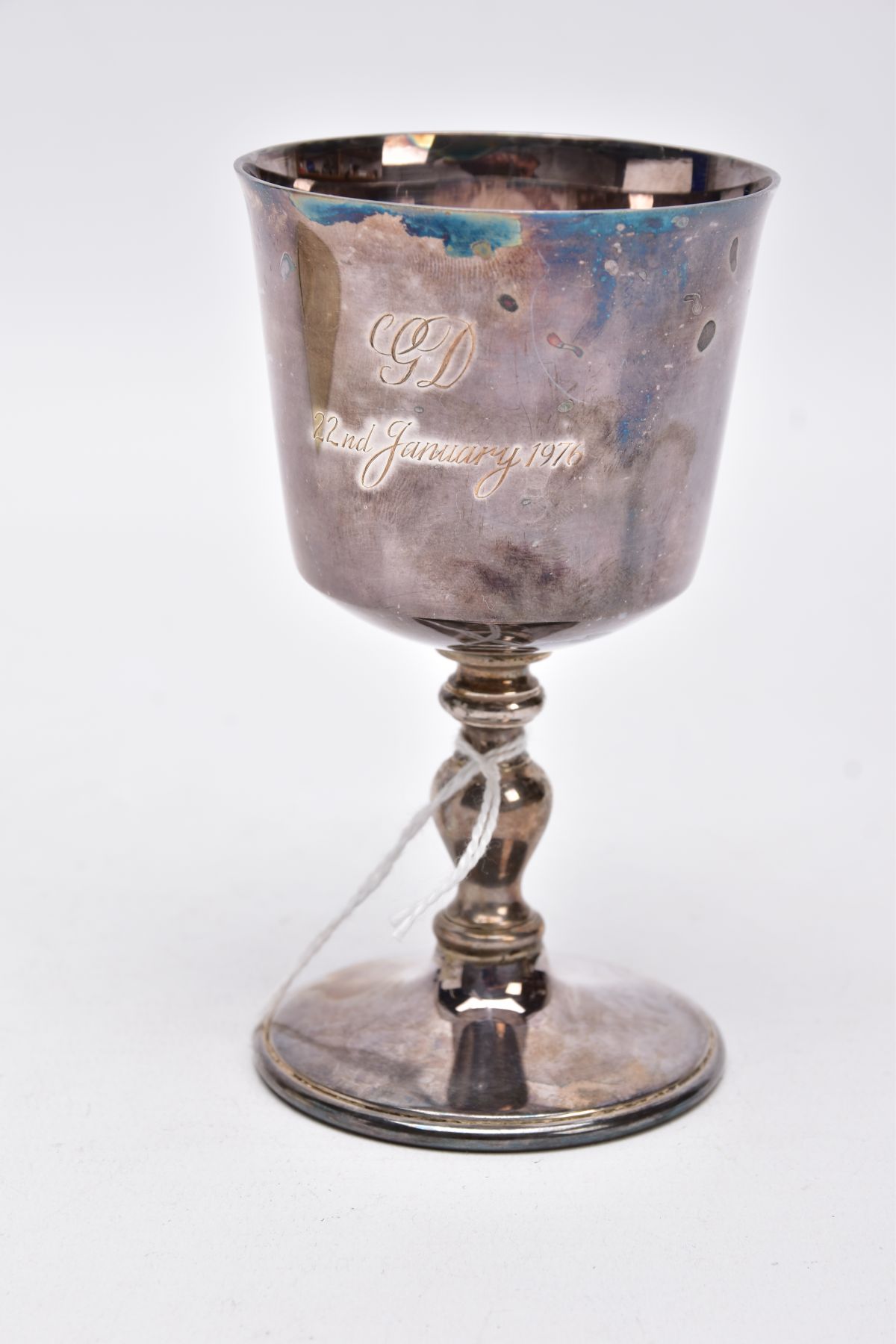 A SILVER GOBLET, of a plain polished design, on a circular base, engraved 'GD 22nd January 1976', - Image 3 of 5