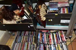 FOUR BOXES AND LOOSE DVDS, CDS, MIRRORS, etc, including a sea shell montage, a modern collector's
