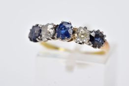 A LATE 19TH CENTURY GOLD SAPPHIRE AND DIAMOND FIVE STONE HALF HOOP RING, estimated old cushion cut