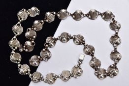 A DANISH WHITE METAL NECKLACE AND BRACELET, the necklace designed with each link in the form of a