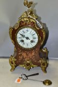 A LATE 19TH CENTURY LOUIS XVI STYLE GILT METAL AND MARQUETRY MANTEL CLOCK, enamel dial, Arabic and