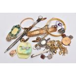 A BAG OF ASSORTED COSTUME JEWELLERY, to include a pair of silver engine turn designed cufflinks with