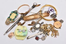 A BAG OF ASSORTED COSTUME JEWELLERY, to include a pair of silver engine turn designed cufflinks with