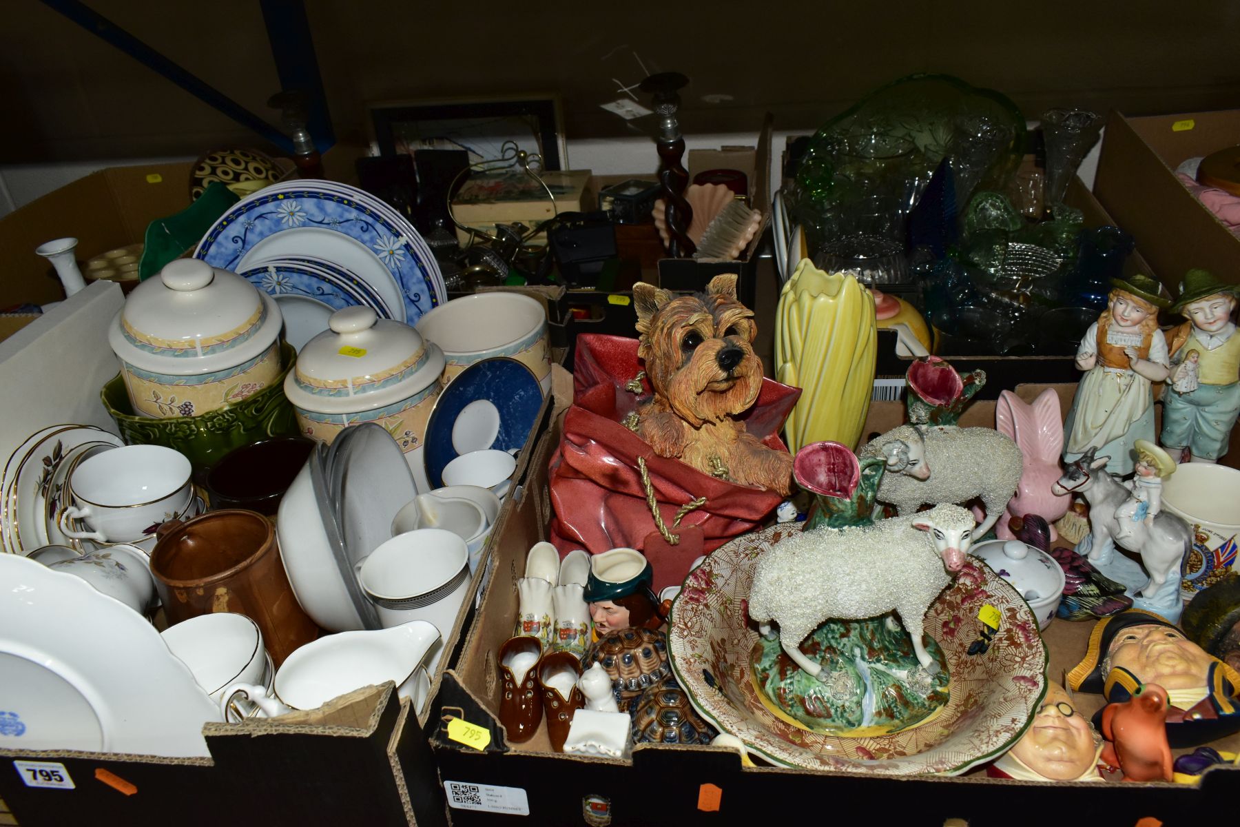 FOUR BOXES OF CERAMICS AND GLASSWARE, METALWARE, etc, including a pair of late Victorian