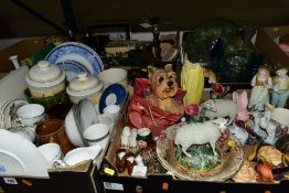 FOUR BOXES OF CERAMICS AND GLASSWARE, METALWARE, etc, including a pair of late Victorian