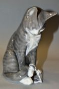 A ROYAL COPENHAGEN MODEL OF A SEATED GREY TABBY CAT, No 340, painted, printed impressed and