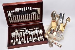 A BOX OF ASSORTED FLATWARE AND A CANTEEN OF CUTLERY, the box contains a quantity of EPNS knives,