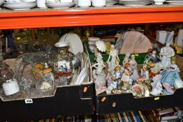 FIVE BOXES OF CERAMICS AND GLASSWARE AND LOOSE, including decanters, figural ornaments, kitchen