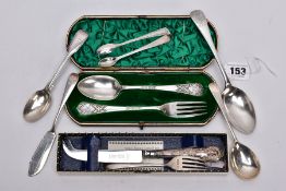 A SELECTION OF SILVER FLATWARE, to include a cased two piece christening set consisting of a fork