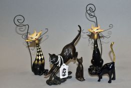 A BRONZE CAT LEAPING DOWN WITH PAINTED FACE DETAILS, height approximately 12cm (unmarked, ears