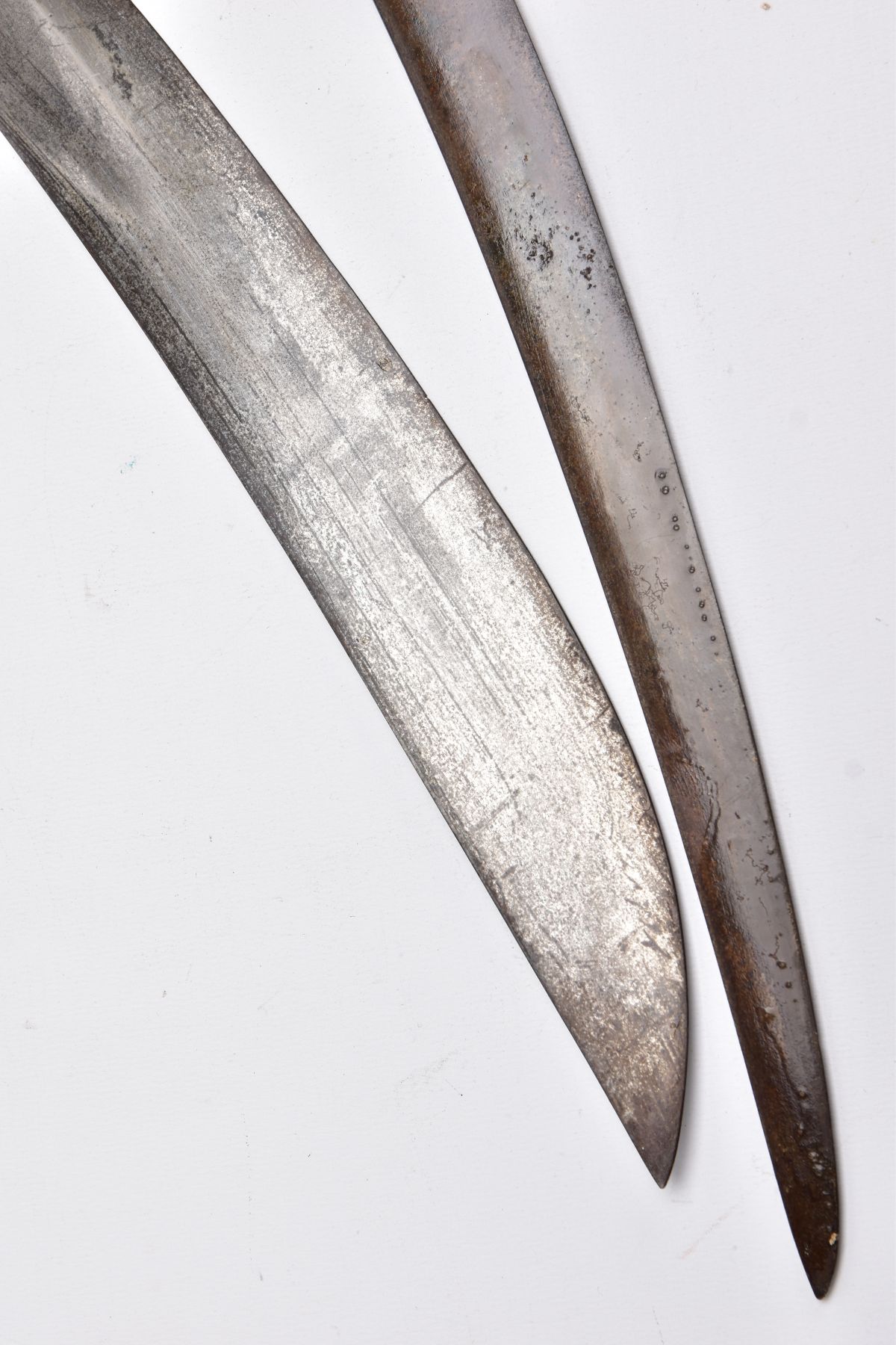 TWO LONG CURVED BLADE SWORDS, Eastern in design and looks, blade on one has been lacquered, etched - Image 6 of 10