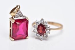 A 9CT GOLD GARNET CLUSTER RING AND A 9CT GOLD PENDANT, the cluster ring set with a central claw set,