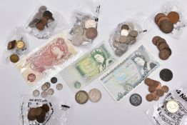 A SMALL BOX OF UK COINS with a small amount of silver coins, halfcrown, silver threepences, a George