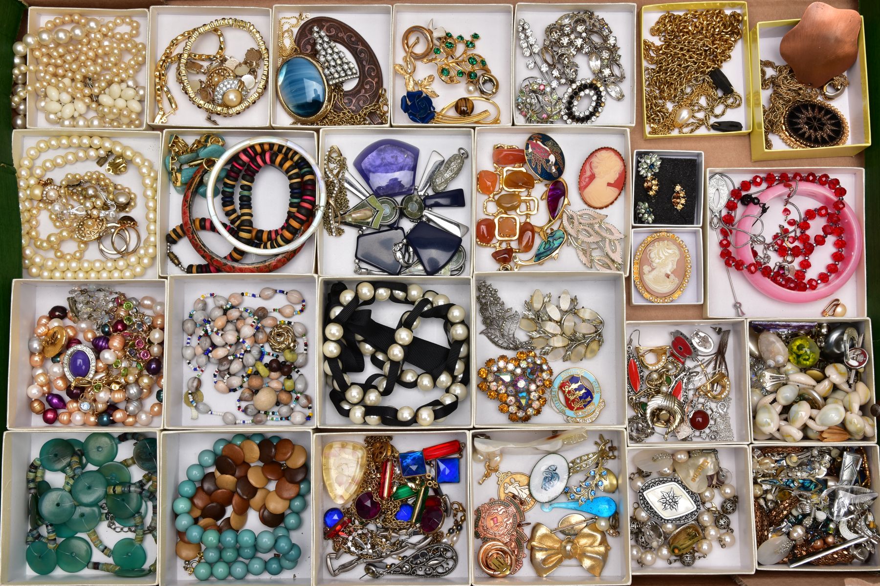 A BOX OF ASSORTED COSTUME JEWELLERY, to include pieces such as imitation pearl necklaces, shell