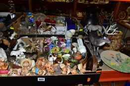 TWO BOXES AND LOOSE CERAMICS, GLASSWARE, TABLE LAMP, ETC, including Pendelfin rabbits (Father