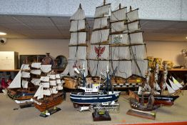 A GROUP OF MODEL SHIPS AND BOATS, comprising five model galleons, including H.M.S. Bounty and H.M.S.