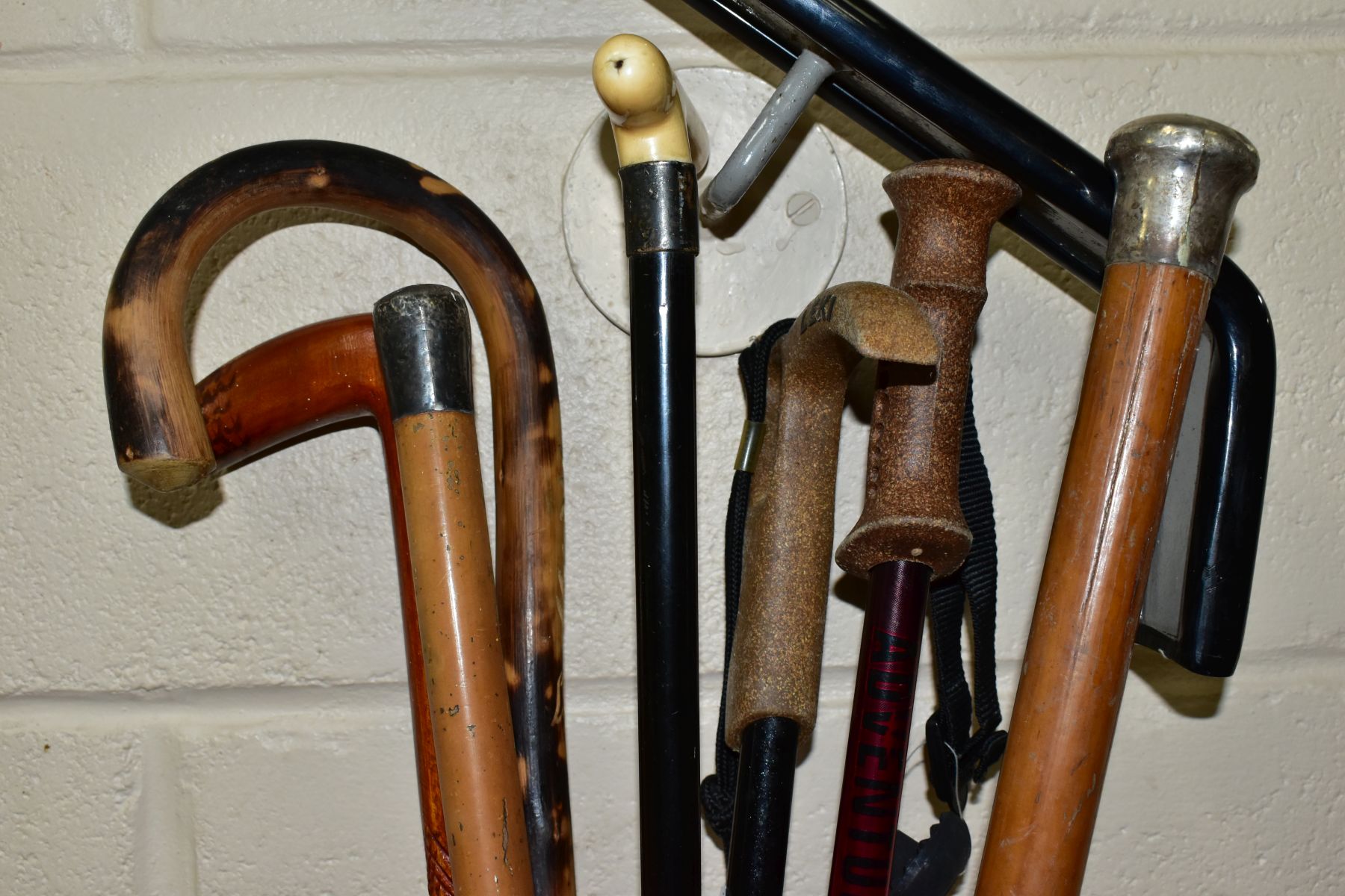 A BUNDLE OF SEVEN WALKING STICKS AND CANES, two Malacca walking sticks with hallmarked silver mounts - Image 3 of 4