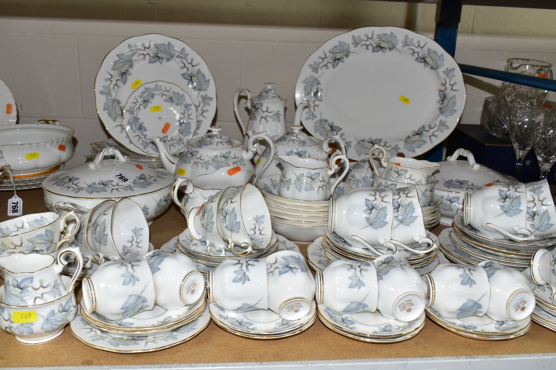 A ROYAL ALBERT SILVER MAPLE DINNER SERVICE, primarily for six settings with extras of some pieces,