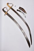 TWO LONG CURVED BLADE SWORDS, Eastern in design and looks, blade on one has been lacquered, etched