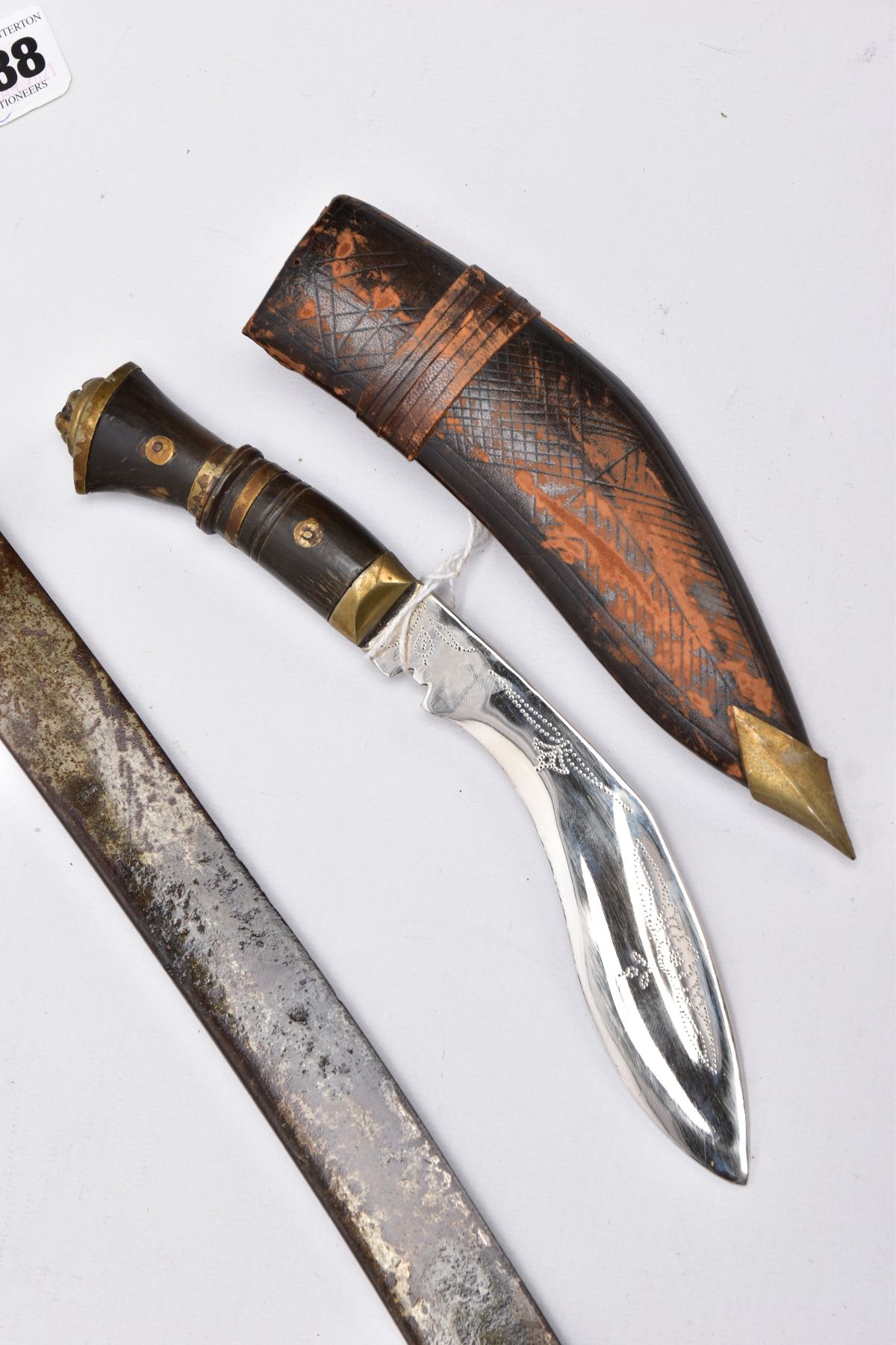 TWO LONG CURVED BLADE SWORDS, Eastern in design and looks, blade on one has been lacquered, etched - Image 2 of 10