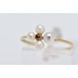 A 9CT GOLD RUBY AND PEARL RING, set with a central circular cut ruby within a four cultured pearl