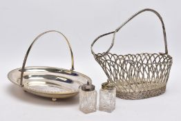 A BOX OF WHITE METAL ITEMS, to include a white metal openwork basket of an oval form, an oval EPNS