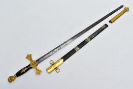 A CLASSICAL STYLE SWORD with damaged leather and metal scabbard, the sword has ornate grip with