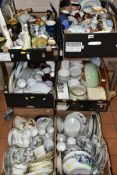 SIX BOXES OF ASSORTED CERAMICS, including toby jugs, animal and figural ornaments, tea and dinner