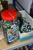 A LARGE COLLECTION OF MARBLES, assorted styles, colours and sizes, playworn condition (box and sweet