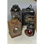 A THREE ASPECT RAILWAY LAMP, missing green lens and has crack to red lens, missing lens to front but
