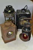 A THREE ASPECT RAILWAY LAMP, missing green lens and has crack to red lens, missing lens to front but