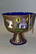A 20TH CENTURY MURANO COPY OF A BAROVIER MARRIAGE CUP, blue glass pedestal bowl form, enamelled