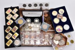 A BOX OF MAINLY UK COINAGE to include a cased pair of one pound coins, the last round one pound 2016