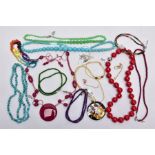 A QUANTITY OF NECKLACES, to include four rondelle beaded necklaces made of semi precious stones such