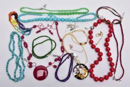 A QUANTITY OF NECKLACES, to include four rondelle beaded necklaces made of semi precious stones such