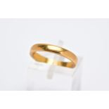 A 22CT GOLD WEDDING BAND, of a plain polished design, approximate width 3.0mm, hallmarked 22ct