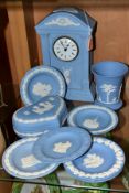 A GROUP OF WEDGWOOD PALE BLUE JASPERWARES, comprising a Dancing Hours Millennium clock, 'AD2000',