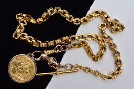 A MOUNTED FULL SOVEREIGN PENDANT AND 9CT GOLD CHAIN, the full sovereign dated 1898, within a plain