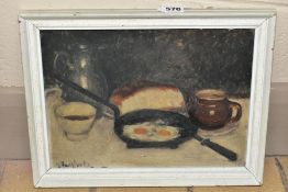 GASTON HAUSTRATE (1878-1949) a still life table study with eggs in a skillet, bread, pewter jug