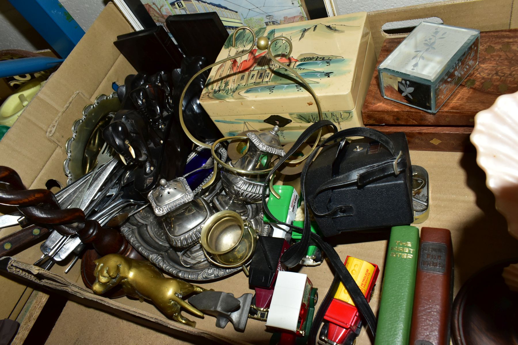 FOUR BOXES OF CERAMICS AND GLASSWARE, METALWARE, etc, including a pair of late Victorian - Image 10 of 11