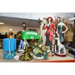 A COLLECTION OF 20TH CENTURY DECORATIVE LAMPS, FIGURES AND ARTIFICAL FLOWER ARRANGEMENTS,