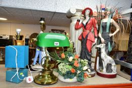 A COLLECTION OF 20TH CENTURY DECORATIVE LAMPS, FIGURES AND ARTIFICAL FLOWER ARRANGEMENTS,