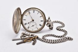 A WHITE METAL FULL HUNTER POCKET WATCH AND A SILVER ALBERT CHAIN, the watch designed with a round