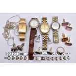 A BAG OF ASSORTED ITEMS, to include four gents wristwatches such as a 'Seiko' square gold dial