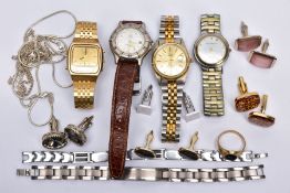 A BAG OF ASSORTED ITEMS, to include four gents wristwatches such as a 'Seiko' square gold dial