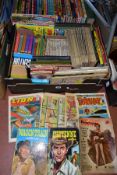 BOOKS, two boxes of books and comics, mainly annuals (beano, Dandy, Topper, Fireball XL5, etc) and
