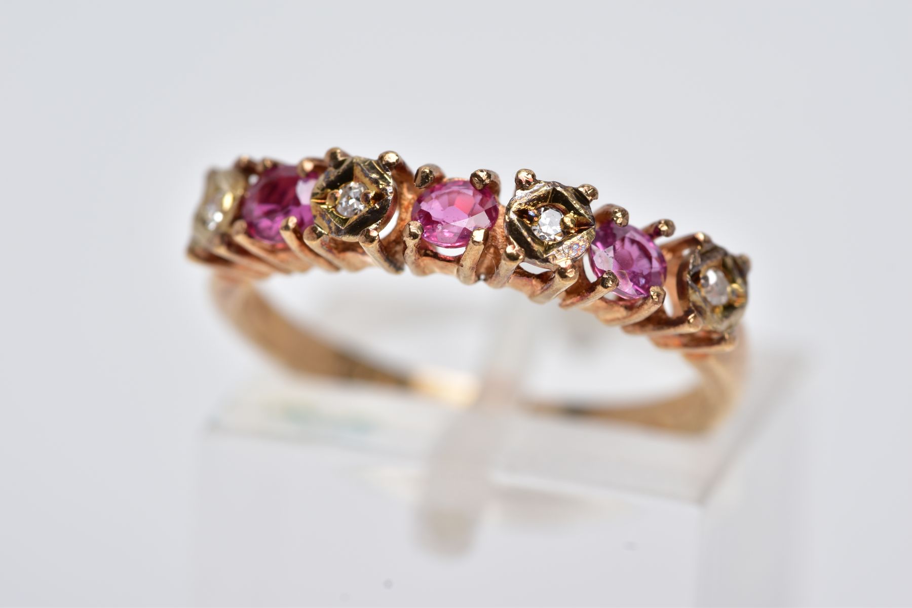 A 9CT GOLD RUBY ABND DIAMOND HALF ETERNITY RING, ring size M, hallmarked 9ct gold, London,